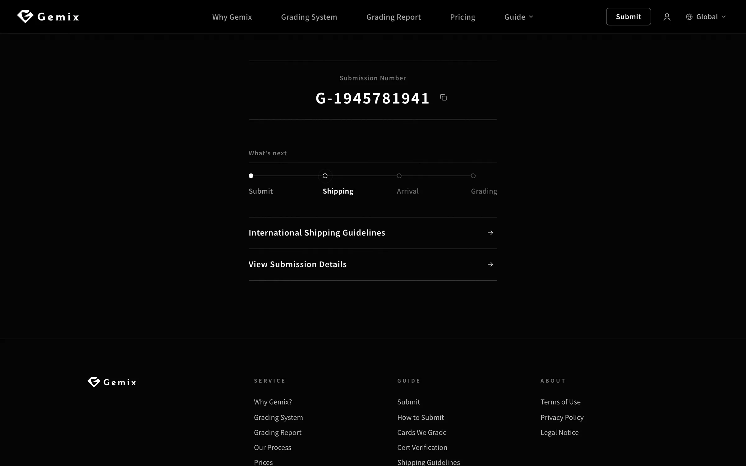 Submission screen:International shipping guidelines