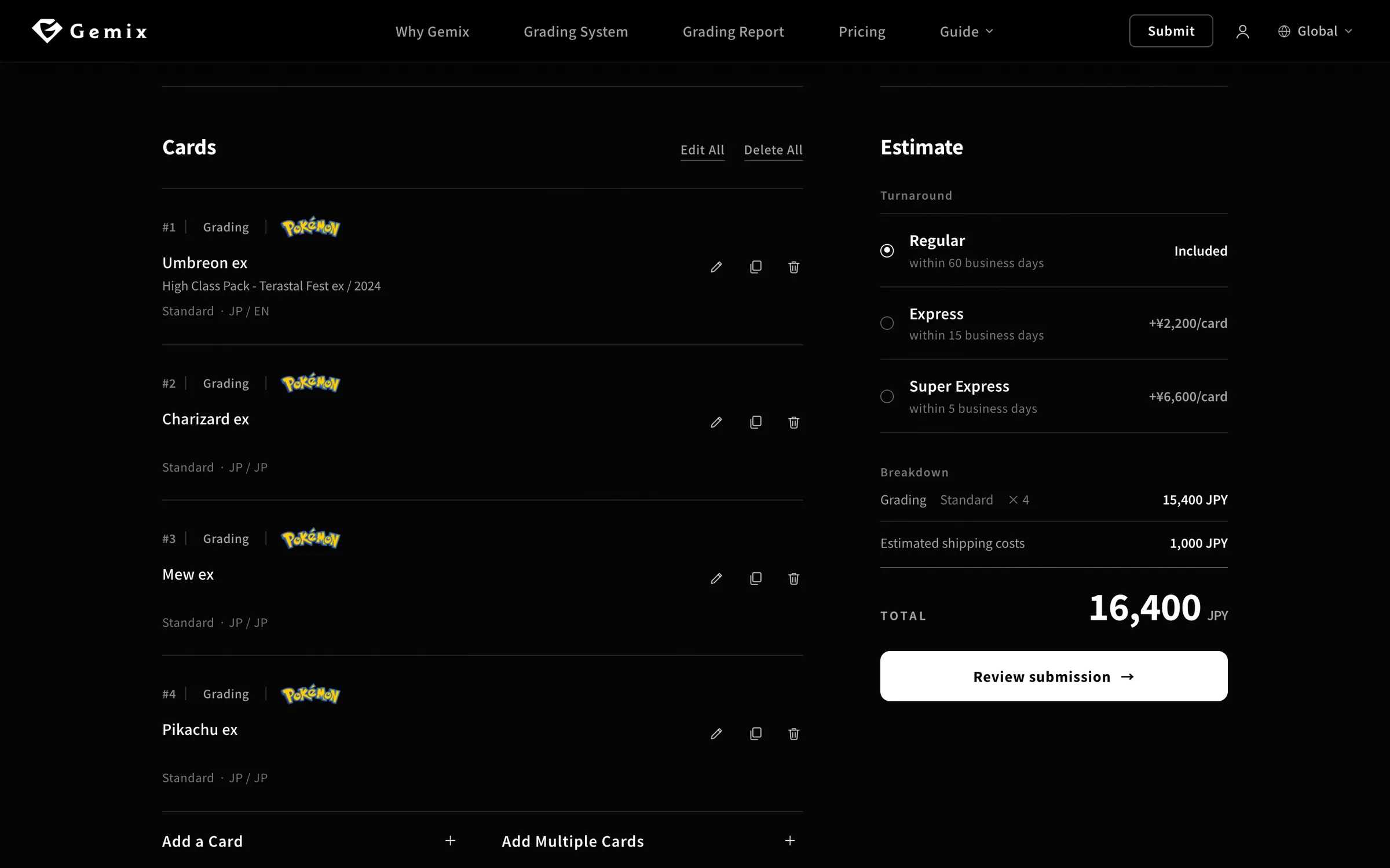 Submission screen:Choose a turnaround