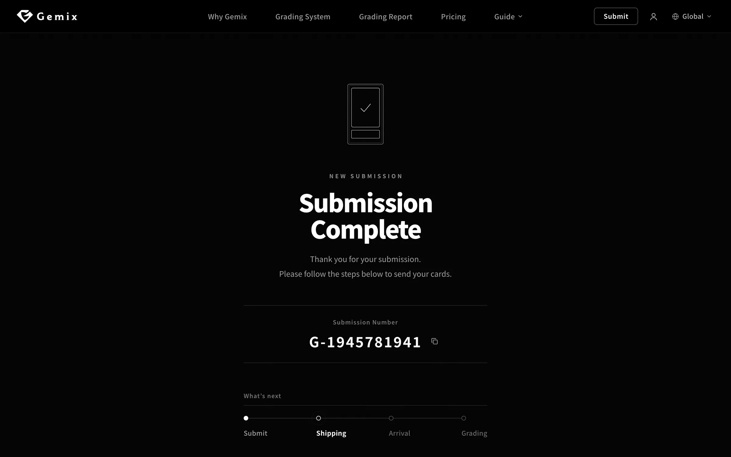 Submission screen:Submission number