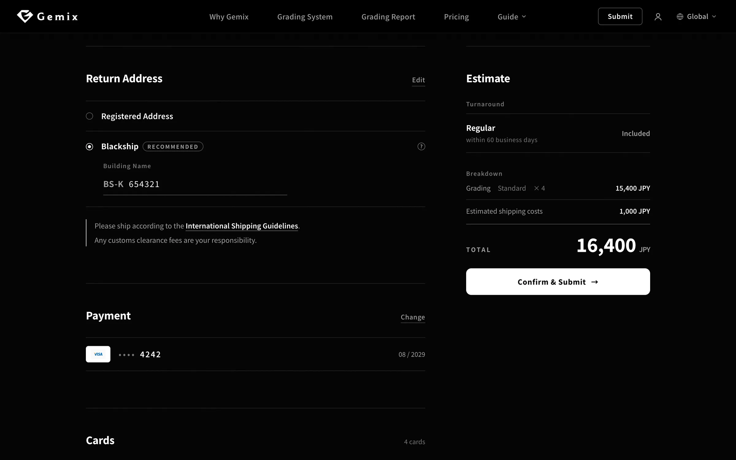 Submission screen:Return address and payment